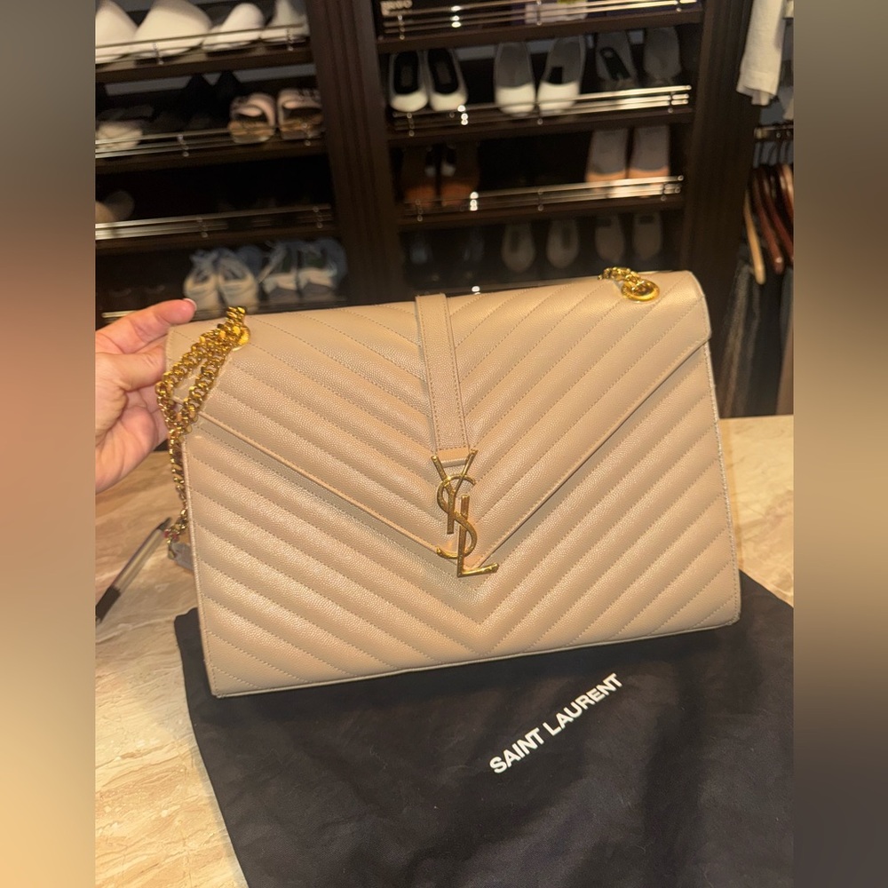Saint Laurent Tan Gold Chevron Shoulder Bag